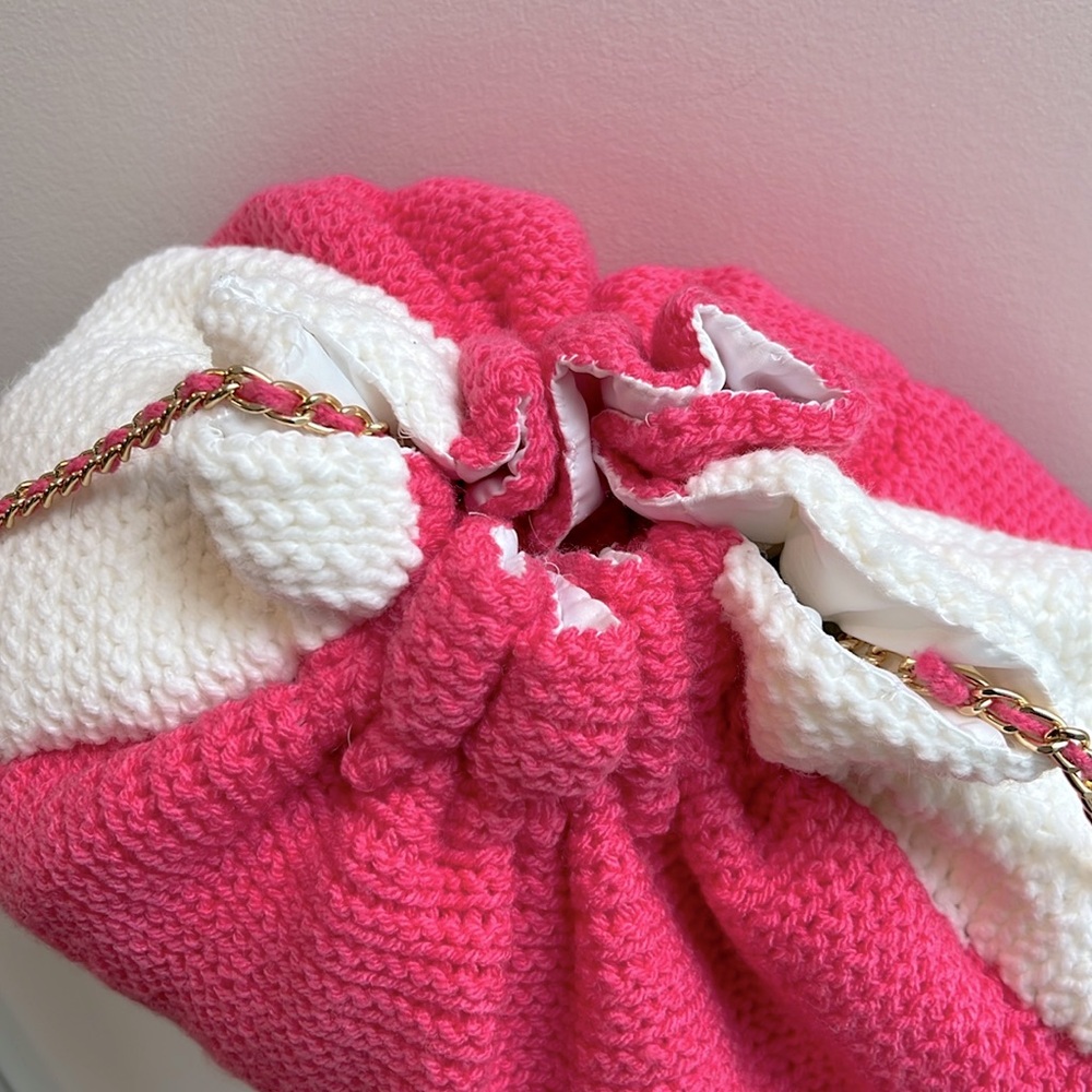 Pink & White Soft Crochet Colorblock Shoulder Bag with Gold Chain - Picture 8 of 10
